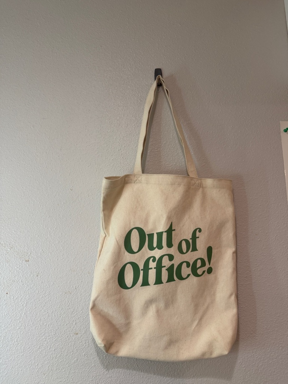 Indigo Cream Canvas Tote with Green "Out of Office!" Print